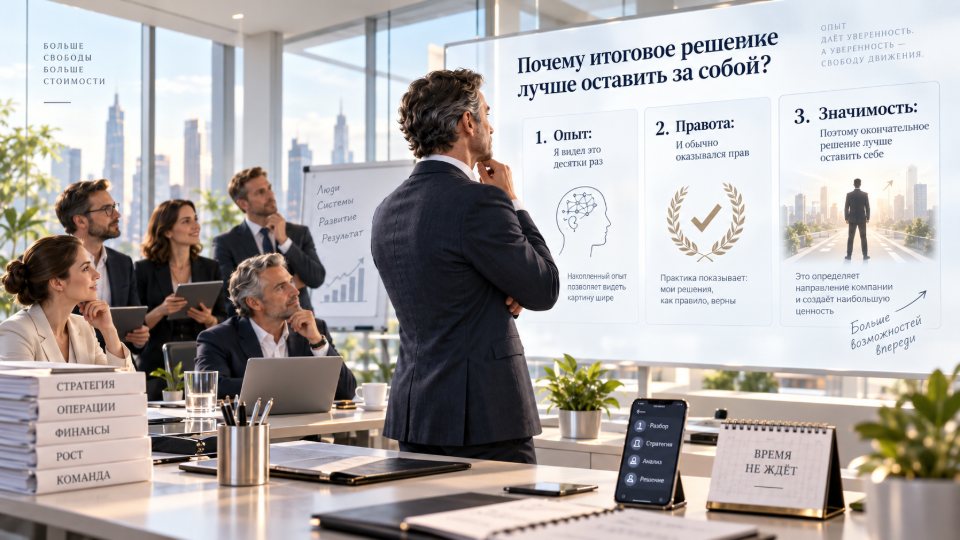 Собственник смотрит в зеркало с тремя пунктами: опыт, правота, значимость; команда с отчётами ждёт за спиной